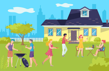 Barbecue picnic in summer, grill bbq holidays vector illustration. Barbeque on vacation, happy people outdoor, group of friends.