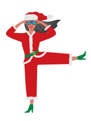 Cool woman as Santa Claus, looking through binoculars and standing on one leg. Vector illustration.