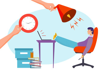Office worker sleep near table, vector illustration. Busines man employee character tired at work desk, huge hand hold click and loudspeaker.