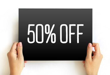 50% Off text on card, concept background