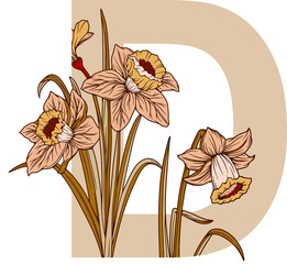 Vintage flower & leaf alphabet numeric initial botanical for Wedding invitations, greeting card, logo, isolated white background