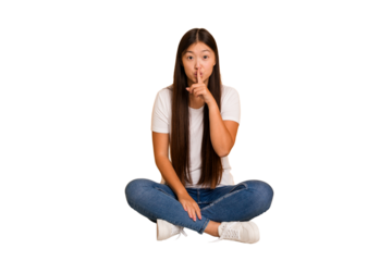 Young asian woman sitting on the floor cutout isolated keeping a secret or asking for silence.