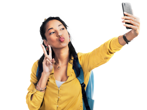PNG of a Studio shot of a woman wearing a backpack and taking selfies