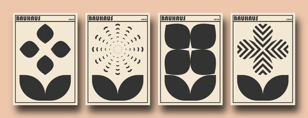 Naklejka na ściany i meble Retro futuristic Bauhaus Inspired flowers posters. Collection of abstract graphic geometric symbols, shapes and objects in y2k style / Brutalism bold style. Abstract geometric bauhaus swiss style.