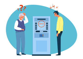 Atm, bank machine error, vector illustration, flat man people character use banking service, wanna get cash currency, make payment with card. - obrazy, fototapety, plakaty