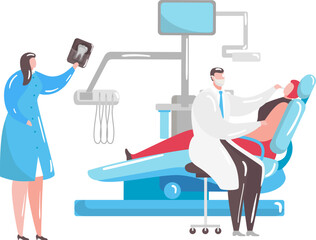 Dental care clinic, dentistry website, landing page vector illustration. Dentist caring for patients toth, teeth treatment hospital.