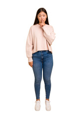 Young asian woman standing, full body cutout isolated keeping a secret or asking for silence.