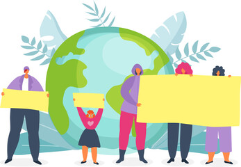 Eco life on green planet, ecology, enviroment vector illustration. Earth day. People holding placards with zero waste, no plastic.
