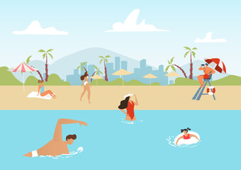 Obraz na płótnie Canvas Beach lifeguard watching people, vector illustration. Man woman character swim at summer sea water, travel vacation near ocean coast.