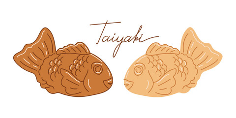 Taiyaki crispy cookies from Japan on a white background. Fish shape. Asian food. Vector illustration for restaurants, menus, decor