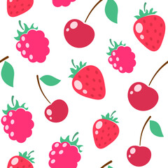 Seamless pattern with cherries, raspberries and strawberries, simple illustration