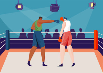 Fight boxing in ring concept, vector illustration. Flat man fighter character at box competition, professional match at arena. Boxer person punch