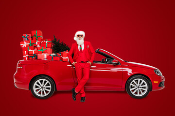Photo of santa claus old grandpa hands pockets loaded car present delivery concept isolated on...