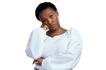 PNG shot of a young woman looking serious while posing.