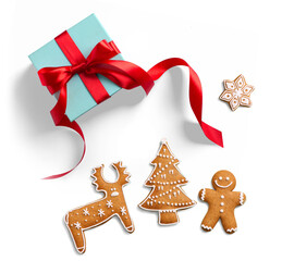 Christmas composition with Isolated Christmas Gift box, sweet candy, ginger men with real transparent shadow on transparent background . Flat lay, top view - 552033912