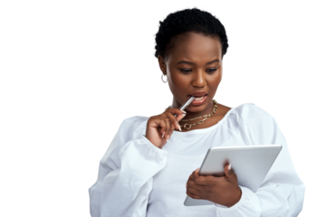 PNG shot of a young woman holding a digital tablet while posing.