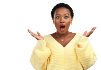 PNG shot of a young woman looking surprised while posing.