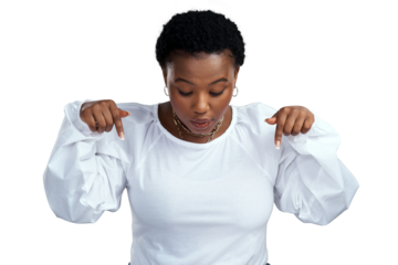 PNG shot of a young woman pointing down while standing.