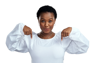 PNG shot of a young woman pointing down while standing.