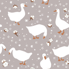 Goose and their feet tracks, and dried cotton balls on the snow. Cute seamless pattern. Winter Xmas background. Snowflakes and geese on beige background.
