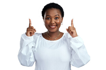 PNG shot of a young woman pointing at copy-space while posing.