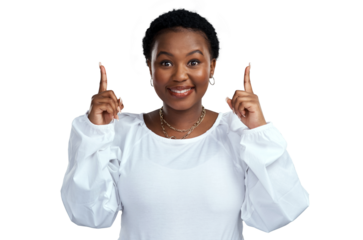 PNG shot of a young woman pointing at copy-space while posing.