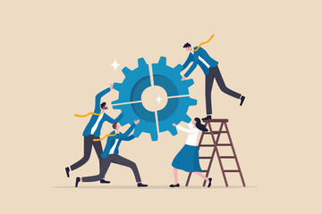 Business integration, partnership to get solution, connection or teamwork, work efficiency, optimization or organization concept, business people team colleagues connecting cogwheel gear together. - obrazy, fototapety, plakaty