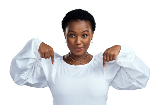 PNG shot of a young woman pointing down while standing.