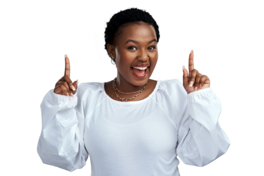 PNG shot of a young woman pointing at copy-space while posing.