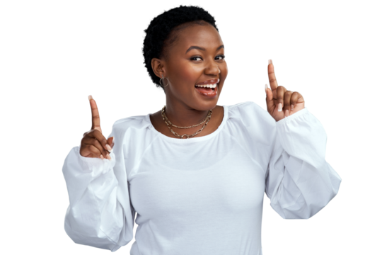 PNG hot of a young woman pointing up while posing.