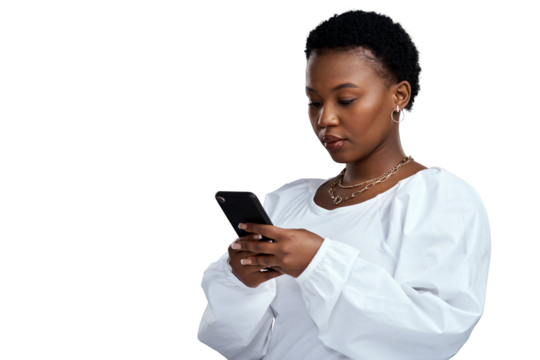 PNG shot of a young woman using her cellphone while standing.