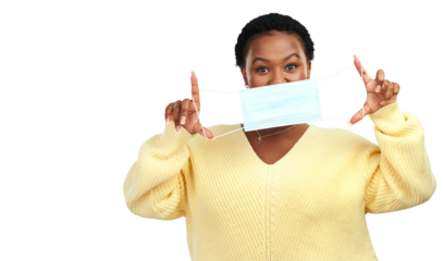 PNG shot of a young woman holding up a surgical mask while standing.
