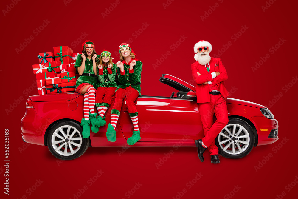 Poster funny x-mas savior team prepare long north pole delivery load gifts cabriolet isolated white color b