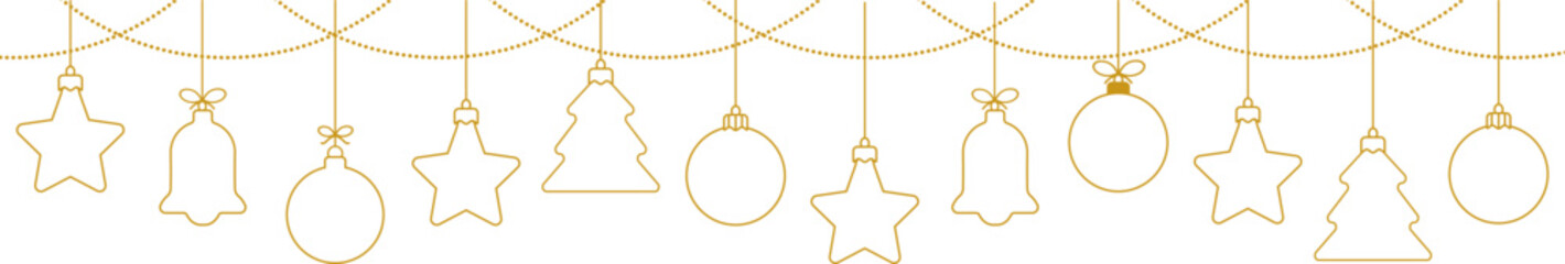 Christmas ball golden line icon.Set of simple golden christmas balls.Holiday christmas decoration.Christmas and New Year seamless banner or border.