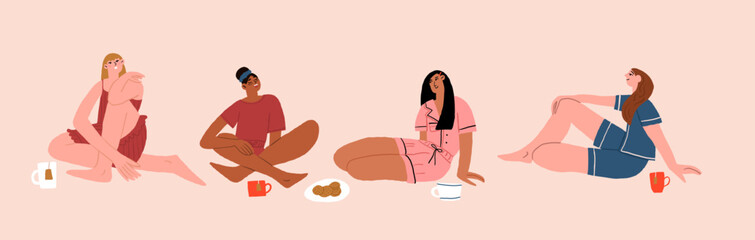 Vector set of beautiful women of different ethnicity and skin color wearing pajamas and drinking tea. Girlfriends in pajamas. Bedtime illustrations of women isolated on beige. Vector illustration
