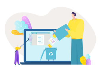 Data cleaning at screen, vector illustration, tiny flat man character delete information at computer, huge guy throw documents at litter bin.