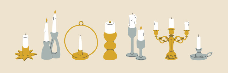 Candle holders set in different shapes. Silver and golden candlesticks in modern, retro and antique styles. Trendy home decorations instead of lamps. Light up dining table. All items are isolated