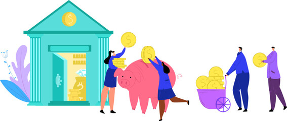 Money saving, finances, people bringing money to bank vector illustration. Happy businessman invest gold coins into piggy bank.