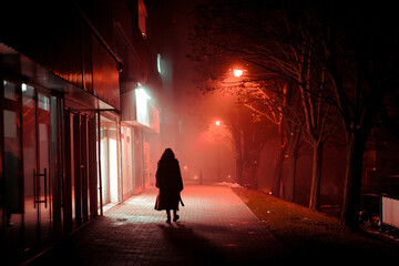 a lonely woman in a coat walks through a foggy city at night