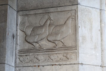 Sculpted Chickens on a Building Exterior in Amsterdam, Netherlands