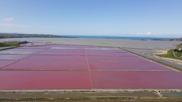 Aerial shot of the Lake Grassmere Saltworks. Bright Pink Ponds filtering Sea Salt.