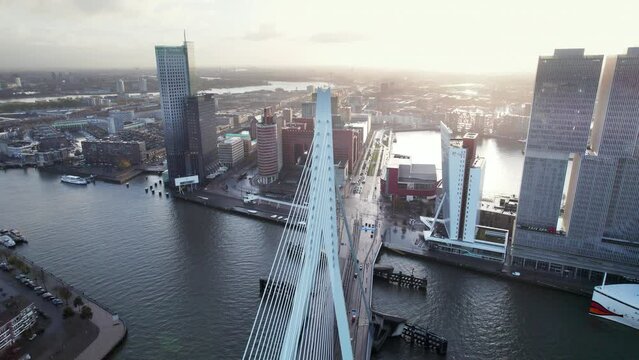  Erasmus Bridge With Modern Architecture In Rotterdam, The Netherlands - aerial drone shot