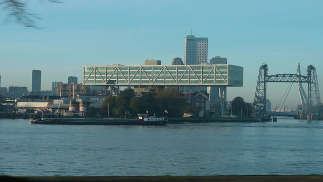 Unilever Building And Koningshaven Bridge With Erasmus Bridge In Background Over Nieuwe Maas River. Rotterdam City Skyline In Netherlands. POV