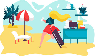 Vacation for business girl on beach flat vector illustration. Businesswoman running from office work to tropical summer sea. Travel.