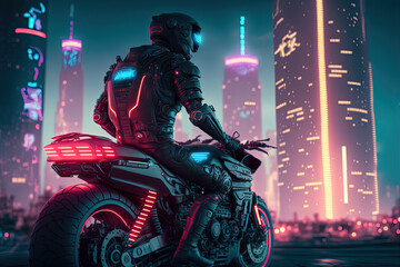 Biker on an Futuristic motorcycle. Evening futuristic city in  background. Neon urban future. Wallpaper in a cyberpunk style.  Digital art