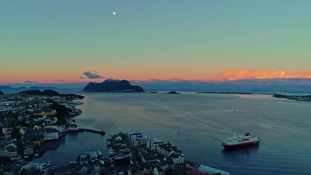 Rippling harbour of Alesund Stor Fjord Norway aerial 