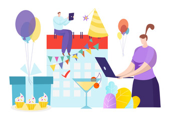 Event holiday manager, vector illustration, flat huge woman plan celebration in organizer, work with calendar, laptop and tiny man assistant