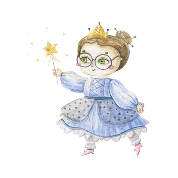 cute baby fairy, princess in blue ball gown, hairstyle, crown and star shaped magic wand, watercolor illustration for design and print