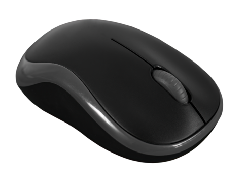 Black computer wireless mouse, isolated on white or transparent background.