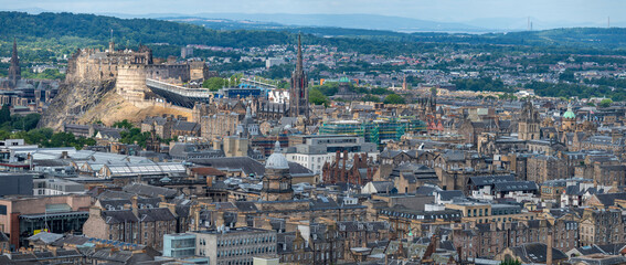 Fototapeta na wymiar Panoramic view of Edinburgh city ,in the summer sun,from Arthur's Seat,Scotland,UK.